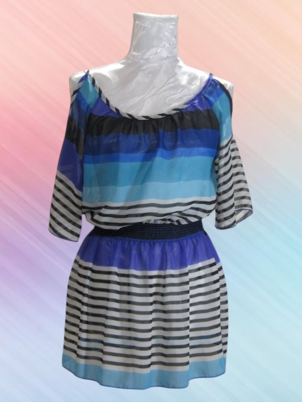 Zovia womens top cold shoulder size L white striped blue black short sleeve